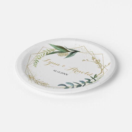 Goud en Groen Eucalyptus Bruiloft Papieren Bordje (Gekanteld)