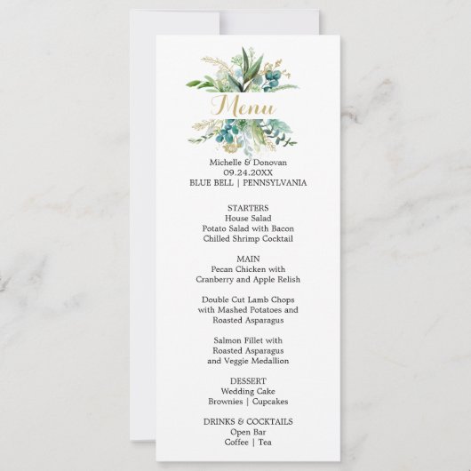 Goud en Groen Eucalyptus Diner Menu Kaart (Voorkant)