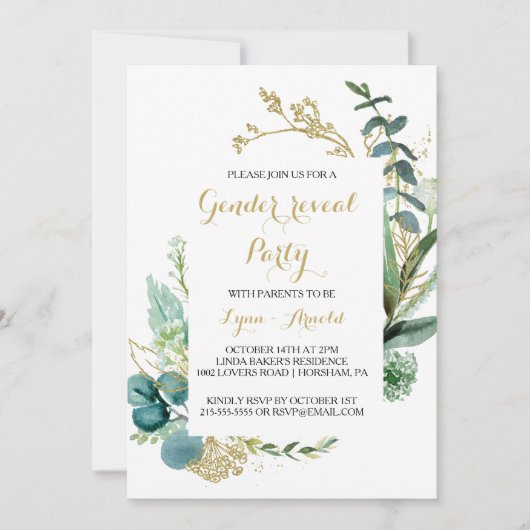 Goud en Groen Eucalyptus Gender Reveal Party Kaart (Voorkant)