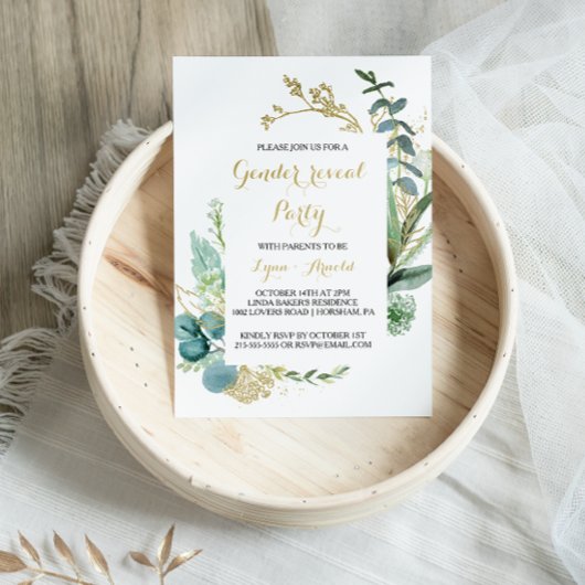 Goud en Groen Eucalyptus Gender Reveal Party Kaart