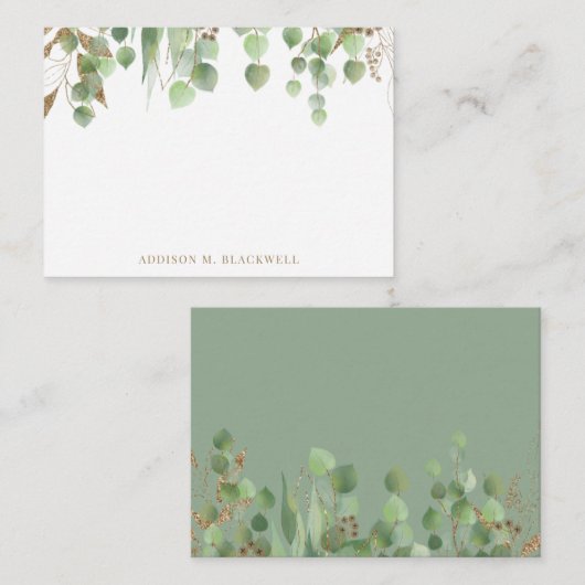 Goud en groen Eucalyptus Leaves Name Notitiekaartje (Voorkant / Achterkant)