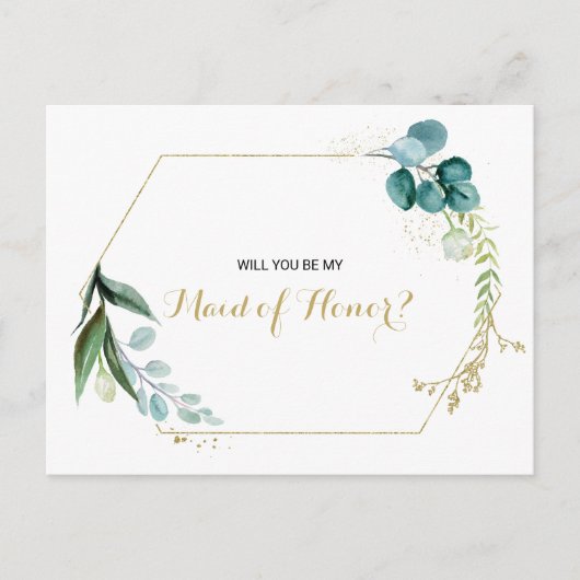  Goud en Groen Eucalyptus Maid of Honor Uitnodiging Briefkaart (Voorkant)