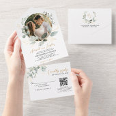 Goud en groen Eucalyptus QR Code Fotobruiloft All In One Uitnodiging