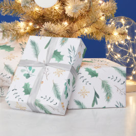 Goud en groen kerstfeest Holly Pine Eucalyptus Cadeaupapier