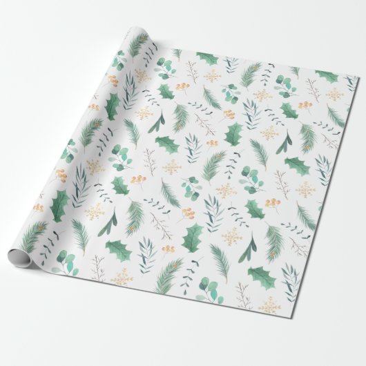 Goud en groen kerstfeest Holly Pine Eucalyptus Cadeaupapier (Uitgerold)