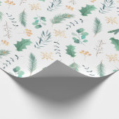 Goud en groen kerstfeest Holly Pine Eucalyptus Cadeaupapier (Hoek)