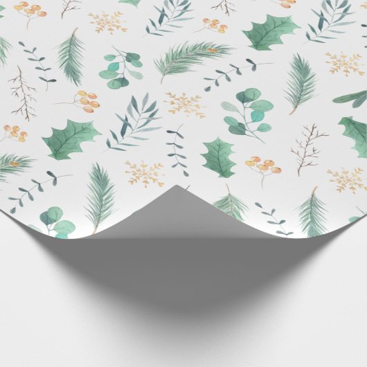 Goud en groen kerstfeest Holly Pine Eucalyptus Cadeaupapier (Hoek)