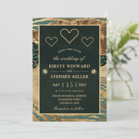 Goud en groen Oerwoud Safari & Glitter Wedding Kaart (Staand voorkant)