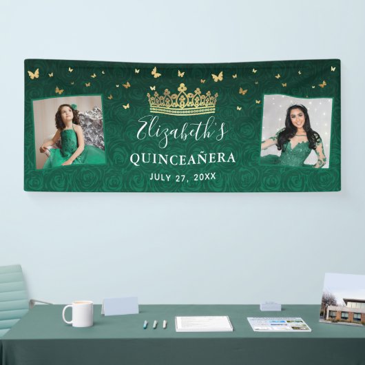 Goud en groen Roos 2 Foto van Birthday Quinceanera Spandoek (Beurs)