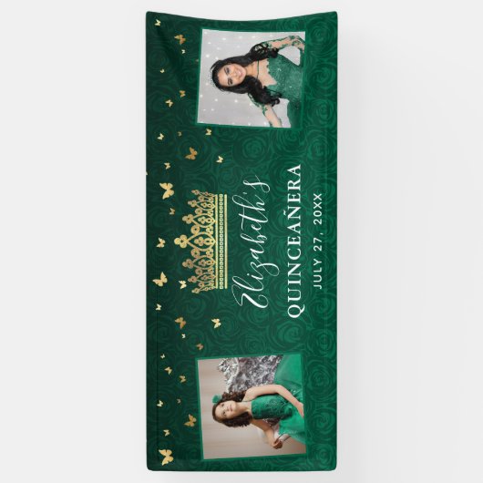 Goud en groen Roos 2 Foto van Birthday Quinceanera Spandoek (Verticaal)