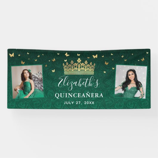 Goud en groen Roos 2 Foto van Birthday Quinceanera Spandoek (Horizontaal)