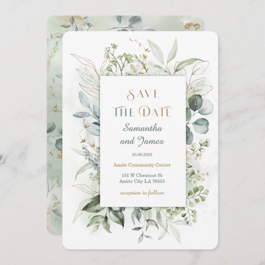 Goud en Groen Save The Date Sjabloon Kaart (Voorkant / Achterkant)