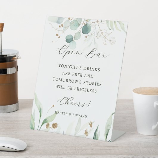 Goud en groene Botanische Band Open Bar Reclamebord Met Voetstuk (Insitu)