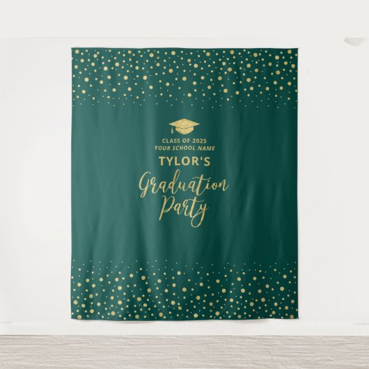 Goud en groene Confetti | Achtergrond graduatiepar Wandkleed (Voorkant)