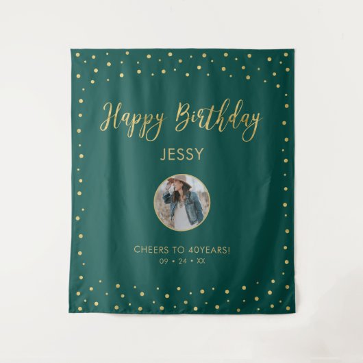 Goud en groene Confetti | Happy Birthday-foto Wandkleed (Voorkant)