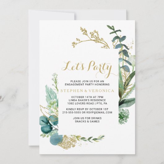 Goud en Groene Eucalyptus Laten we feesten Kaart (Voorkant)