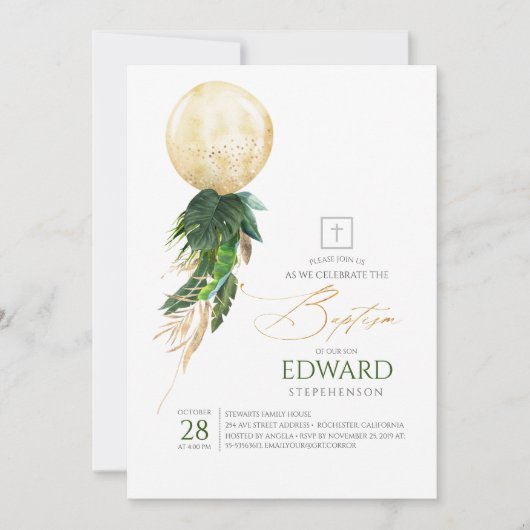 Goud en groene palmbladeren ballon doop kaart (Voorkant)