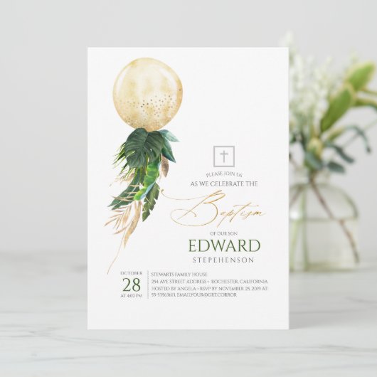 Goud en groene palmbladeren ballon doop kaart (Staand voorkant)