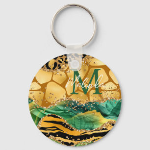 Goud en groene safari dierprint agaat sleutelhanger