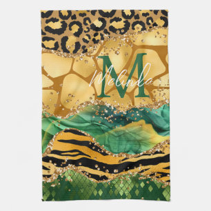 Goud en groene safari dierprint agaat theedoek