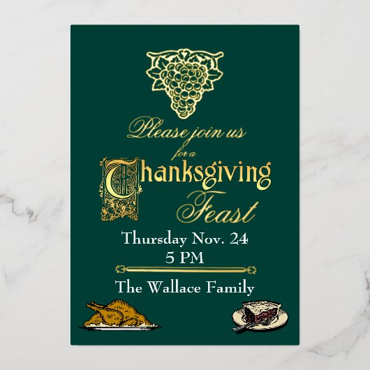 Goud en groene Thanksgiving Folie Uitnodiging (Voorkant)