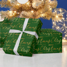 Goud en groene vrolijk kerstwoord kunst cadeaupapier