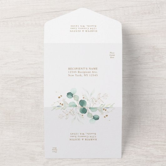 Goud en groene Waterverf Botanische bruiloft All In One Uitnodiging (Buitenkant)