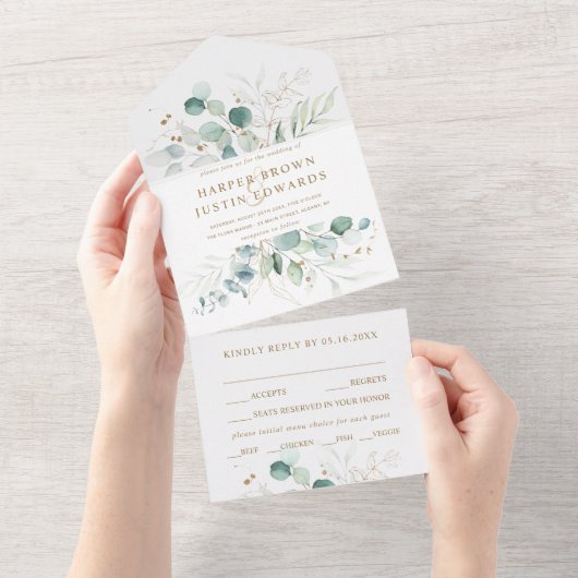 Goud en groene Waterverf Botanische bruiloft All In One Uitnodiging (Afscheurbaar)