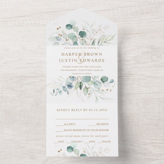 Goud en groene Waterverf Botanische bruiloft All In One Uitnodiging (Binnen)