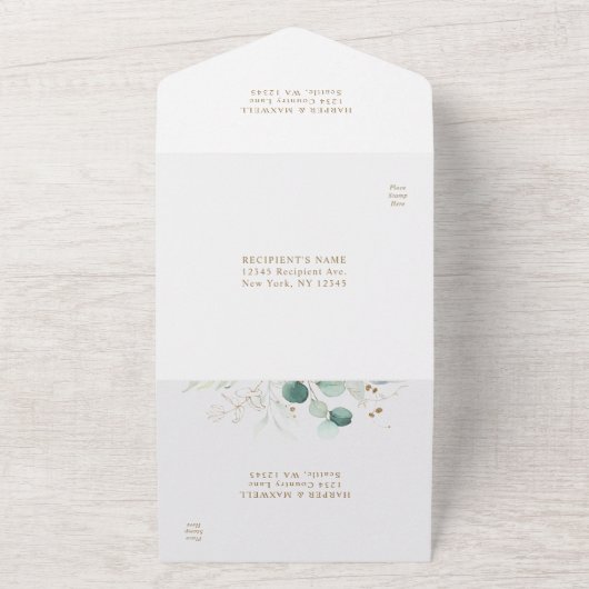 Goud en groene Waterverf Botanische bruiloft All In One Uitnodiging (Buitenkant)