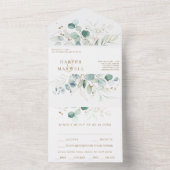 Goud en groene Waterverf Botanische bruiloft All In One Uitnodiging (Binnen)