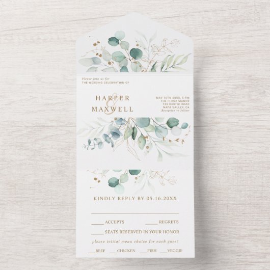 Goud en groene Waterverf Botanische bruiloft All In One Uitnodiging (Binnen)
