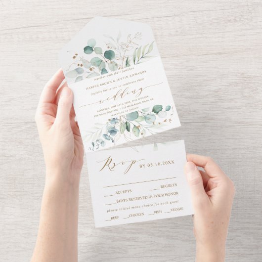 Goud en groene waterverf botanische trouw alles-in all in one uitnodiging (Afscheurbaar)