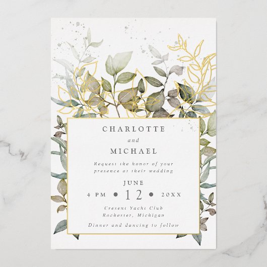 Goud en groene waterverf verlaat bruiloft folie uitnodiging (Voorkant)