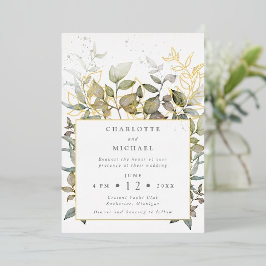 Goud en groene waterverf verlaat bruiloft folie uitnodiging (Staand Voorkant)