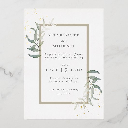 Goud en groene waterverf verlaat folie in v folie uitnodiging (Voorkant)