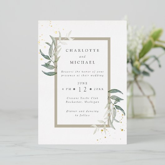 Goud en groene waterverf verlaat folie in v folie uitnodiging (Staand Voorkant)