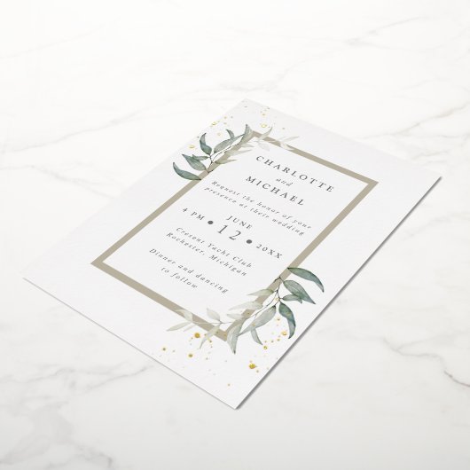 Goud en groene waterverf verlaat folie in v folie uitnodiging (Gedraaid)