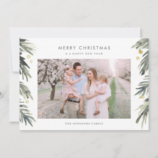 Goud en groene Waterverf Winterolie Feestdagenkaart (Voorkant)