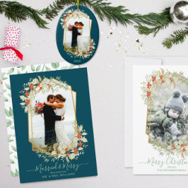 Goud en Holly, gehuwd en verrukt | Geometrische fo Feestdagenkaart