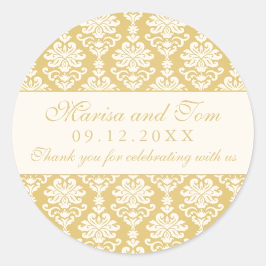  Goud en Ivoor Damast Bruiloft Monogram Ronde Sticker (Voorkant)