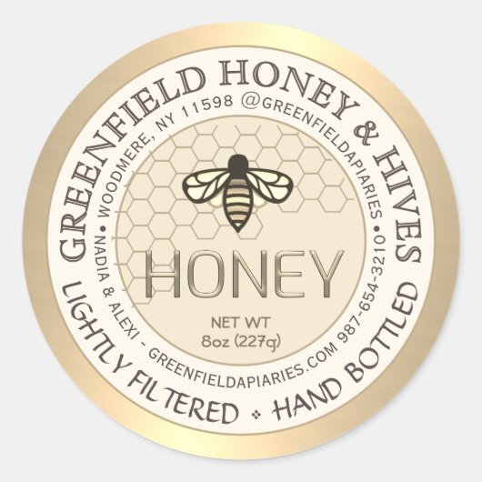 Goud en Ivoor Honing Label met Honingraat en Bijen (Voorkant)