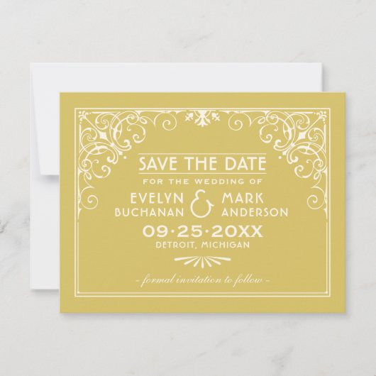 goud en ivoren kunst Deco Wedding Save The Date (Voorkant)