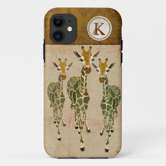 Goud en Jade Giraffes Damask Monogram iPhone Case (Achterkant)