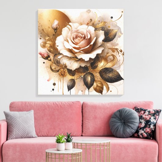 Goud en kasjmier Roos Canvas Afdruk (Insitu (Woonkamer))