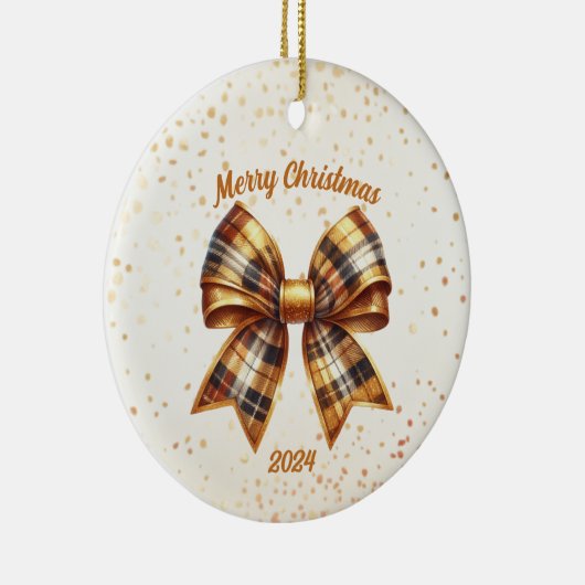 Goud en Koper Plaid Boog Jaar Accent Keramisch Ornament (Rechts)