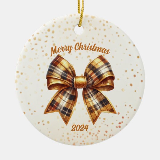 Goud en Koper Plaid Boog Jaar Accent Keramisch Ornament (Voorkant)