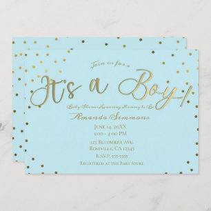 Goud en licht blauw Modern Het is een Baby shower  Kaart