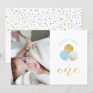 Goud en lichtblauw ballon Jongen 1e verjaardag Kaart