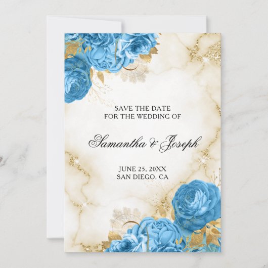 Goud en lichtblauw  Floral Border Save The Date (Voorkant)